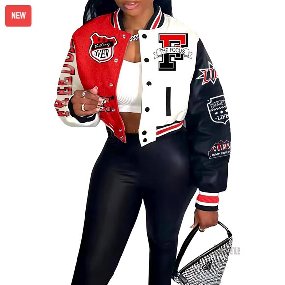 Cropped Varsity Bomber Jacket Lightweight Button Down Y2K Streetwear